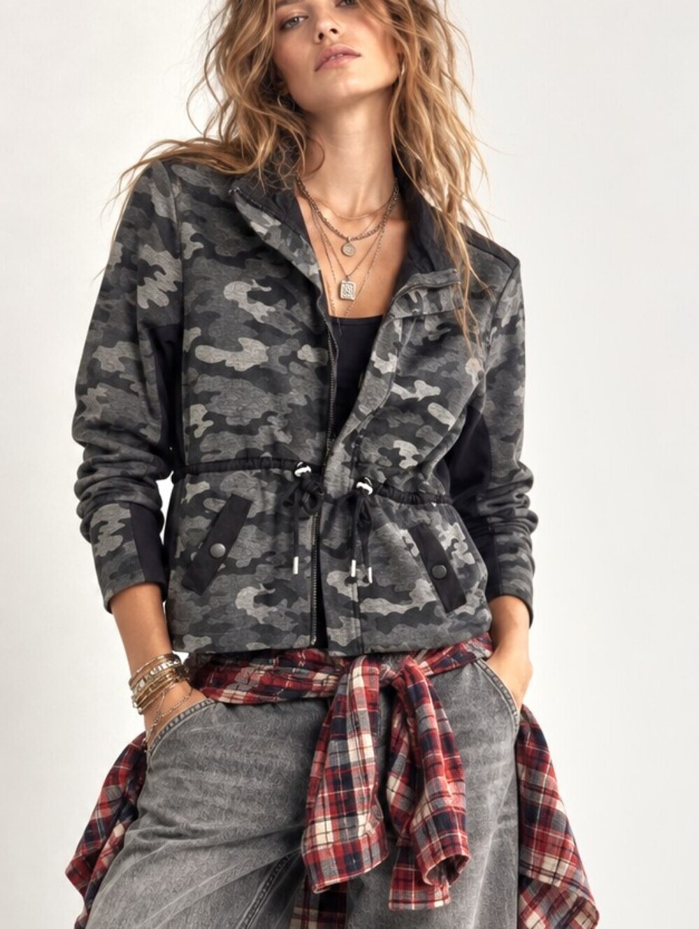 Cabi Camo ATC Gray Cinch zip jacket 3911 Boho